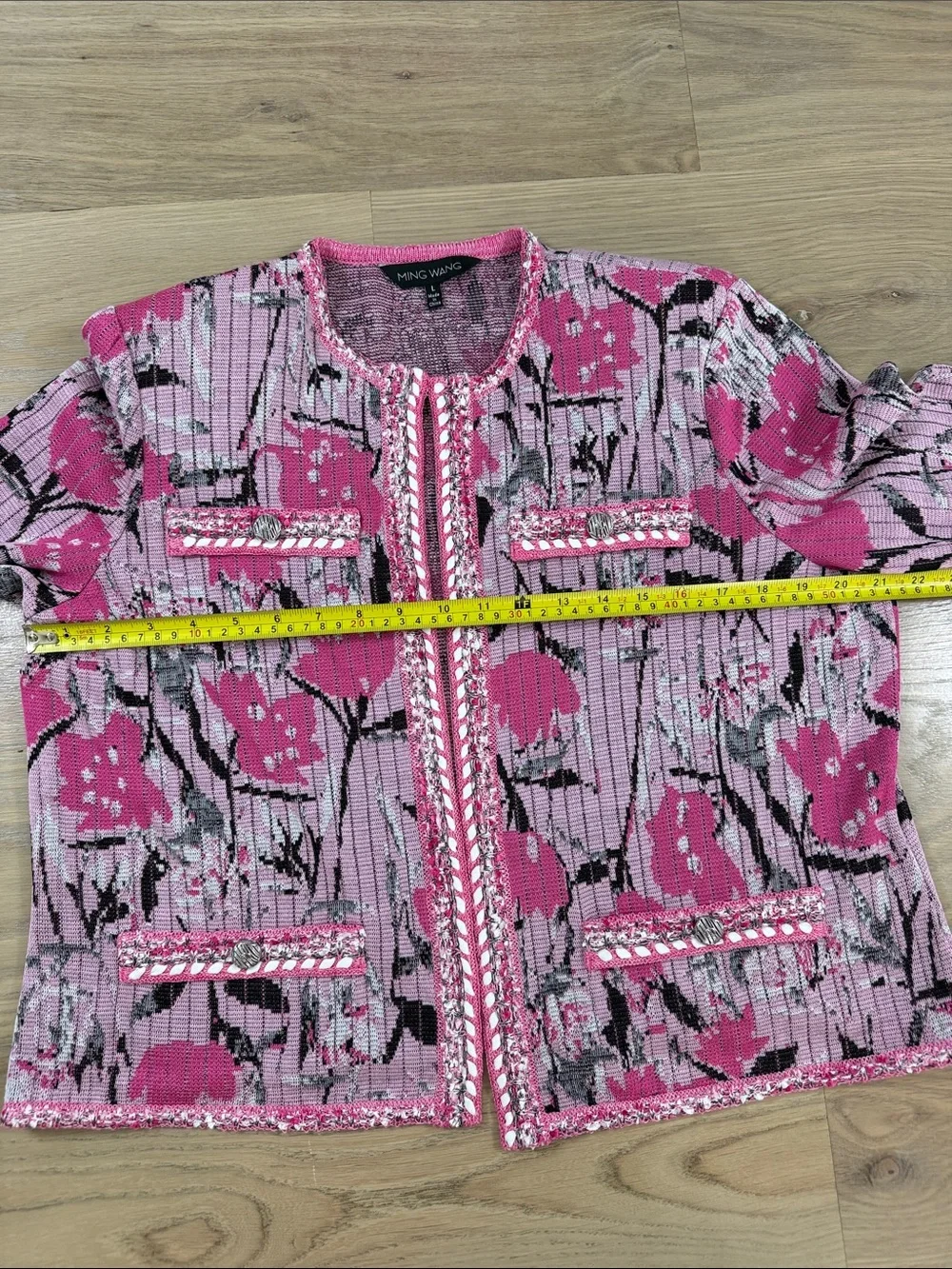 Ming Wang Fuchsia Pink Floral Knit Jacket Textured Blazer Cardigan L